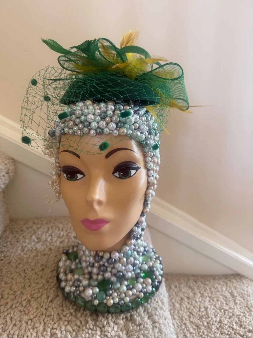 Green Feathered Veiled Pillbox Hat Fascinator